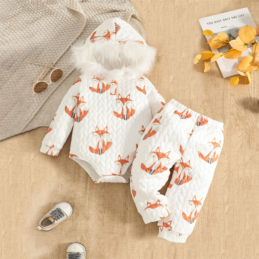 2PCS Cozy Fox Print Long Sleeve Hooded Baby Set