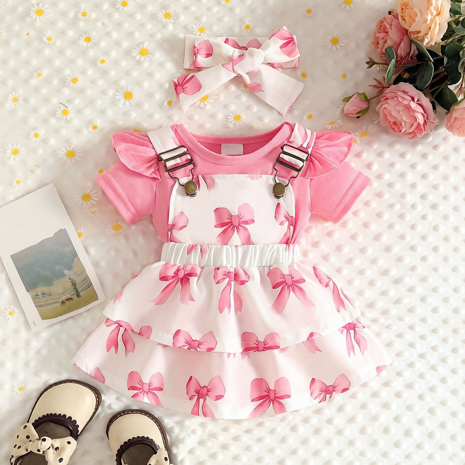 3PCS Sweet Bow Print Baby Pinafore Dress Set with Short Sleeve Top