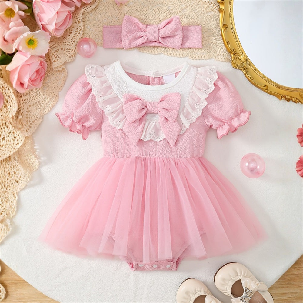 2PCS Sweet Solid Color Bubble Sleeve Mesh Baby Romper