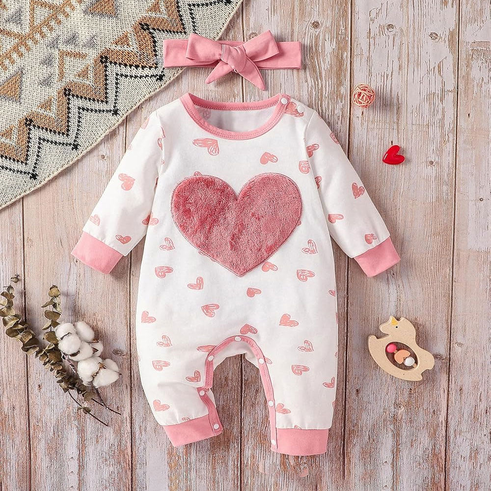 2PCS Lovely Heart Appliqué Long Sleeve Baby Jumpsuit