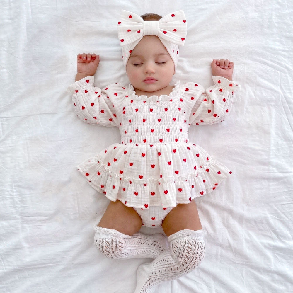 2PCS Elegant Heart Print Long Sleeve Baby Girl Romper