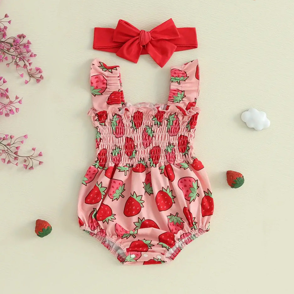 2PCS Sweet Strawberry Printed Sleeveless Baby Romper