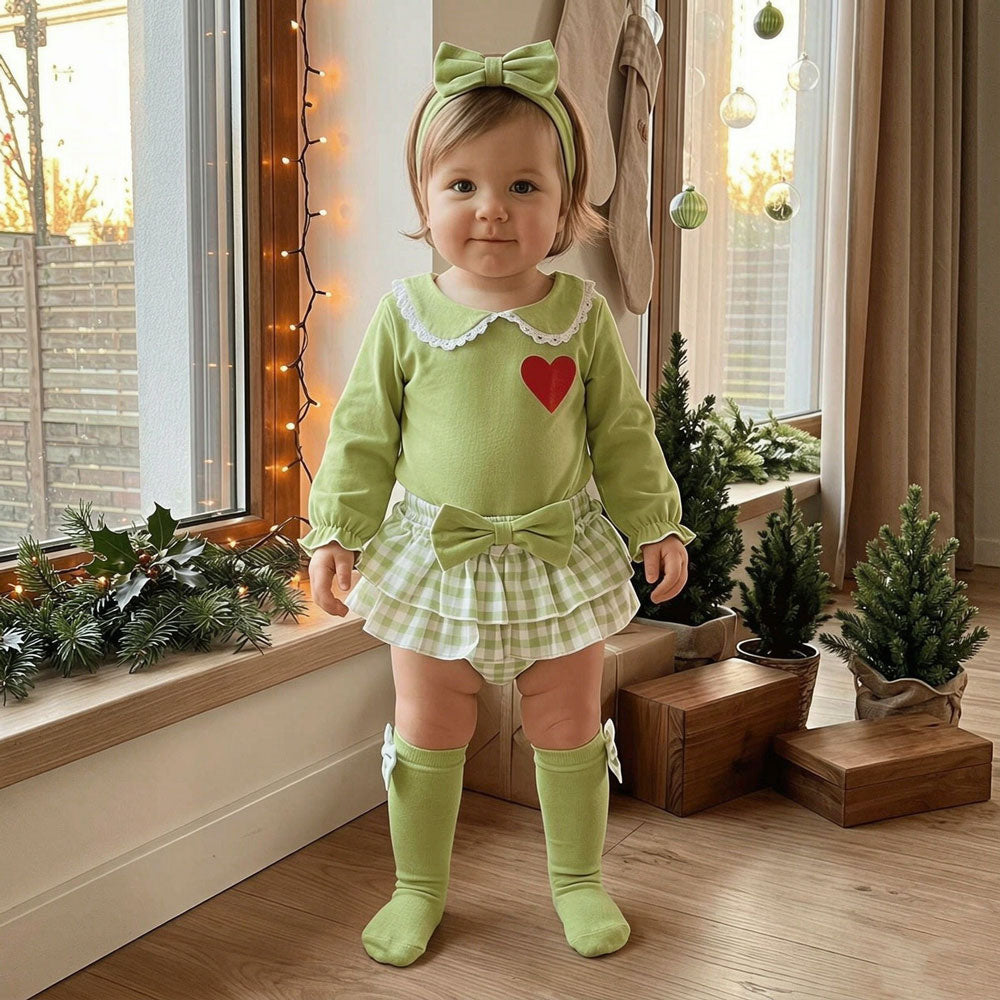 4PCS Christmas Heart and Plaid Printed Long Sleeve Baby Girl Set