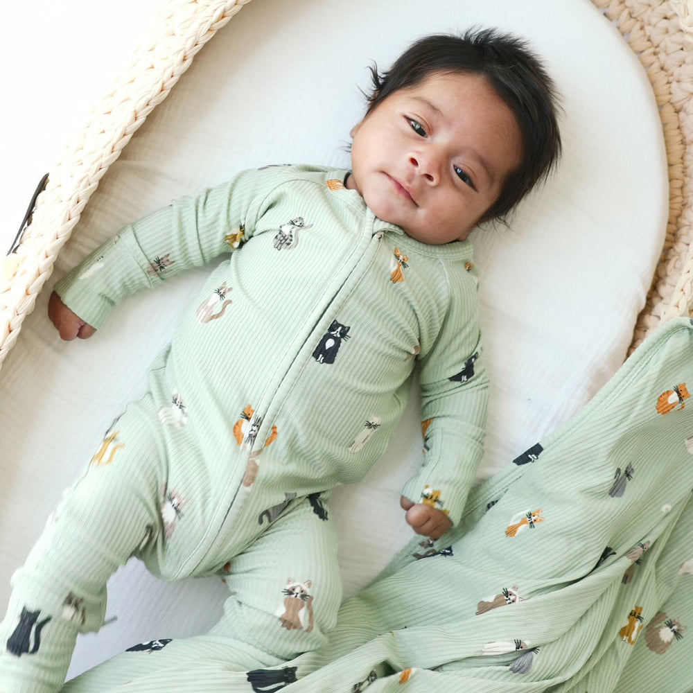 Casual Cat Print Ribbed Zip Baby Jumpsuit