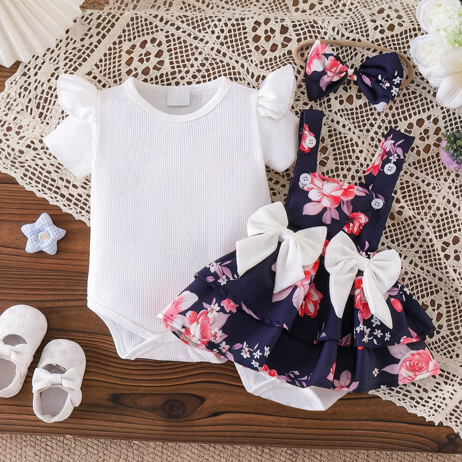 3PCS Sweet Floral Print Bow Short Sleeve Baby Set