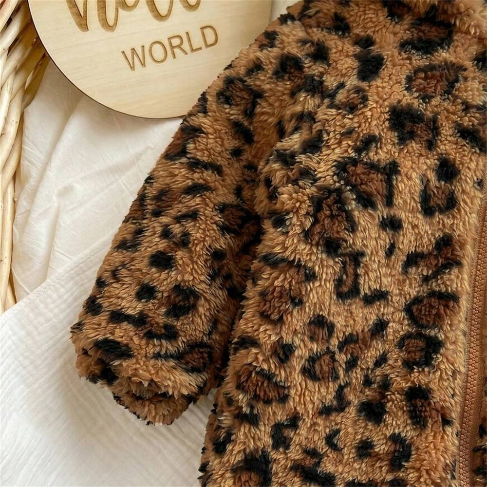 Fuzzy Leopard Printed Zipper Long Sleeve Baby Jumpsuit