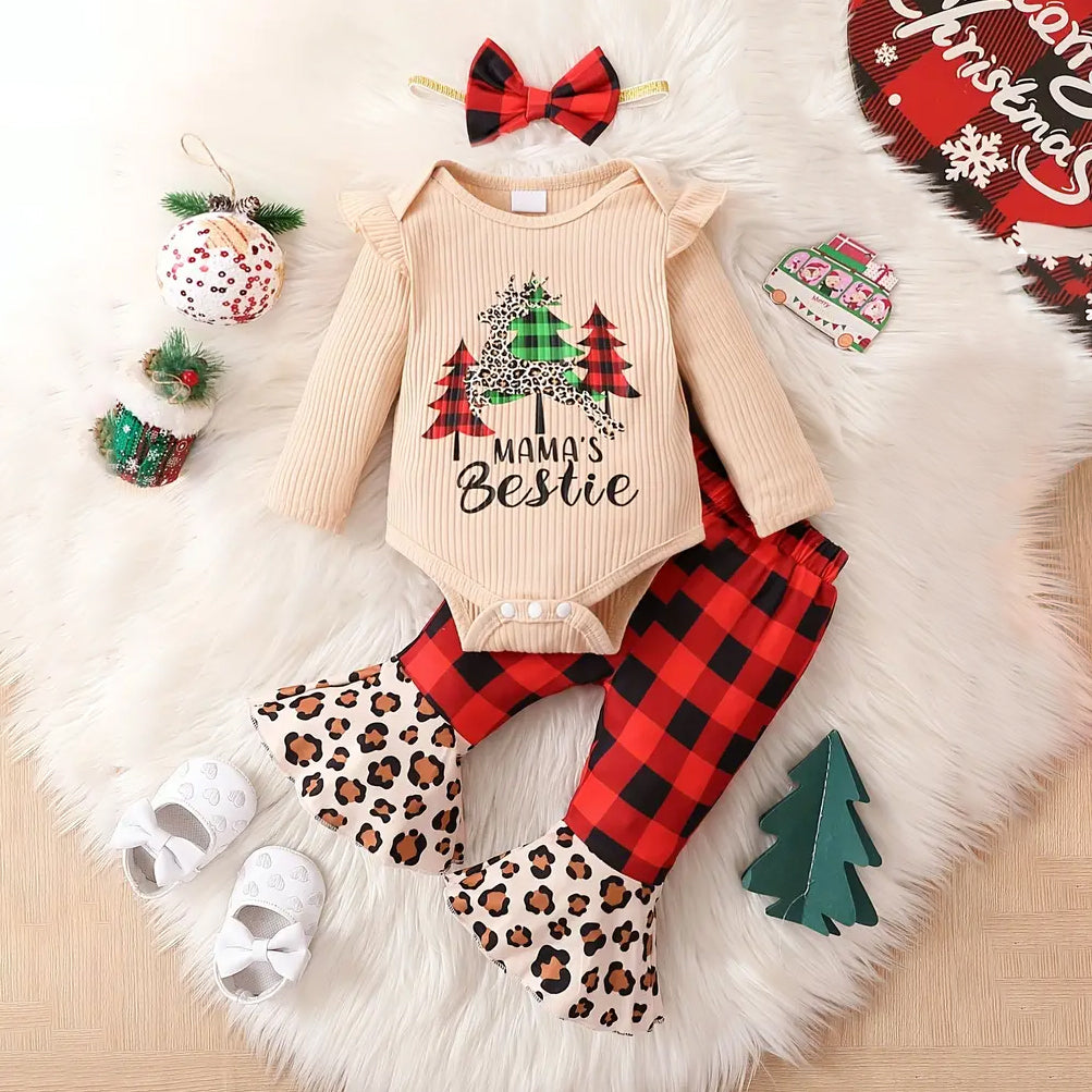 3PCS Mama's Bestie Letter Printed and Christmas Plaid Printed Baby Set