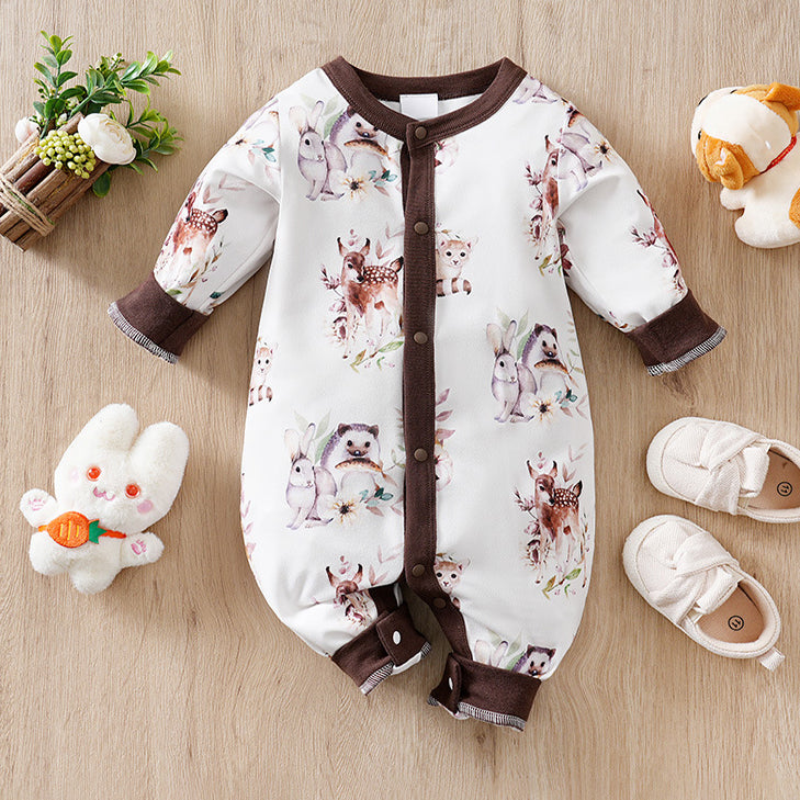 Casual Animals Printed Long Sleeve Baby Jumpsuit