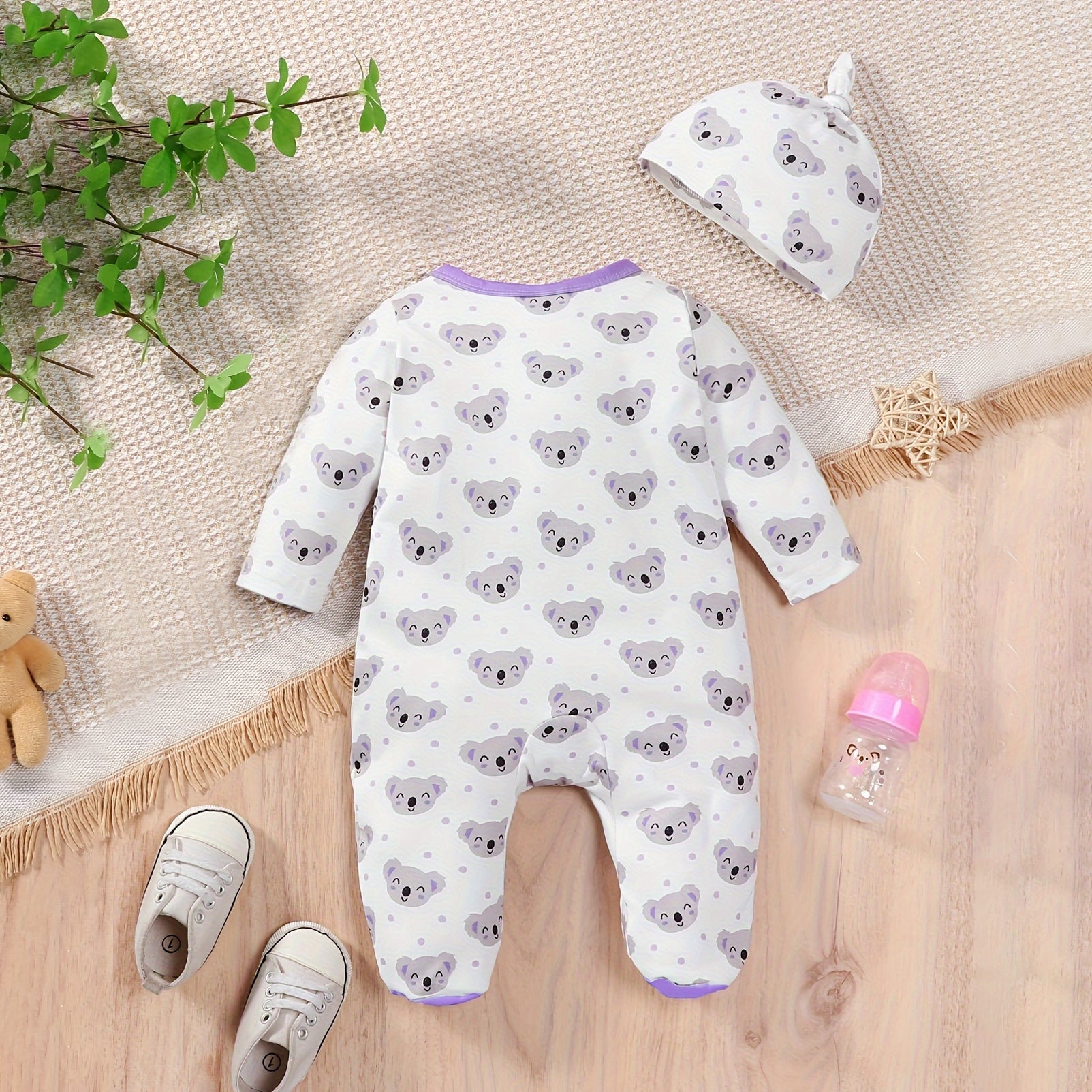 2PCS Casual Koala Printed Footed Baby Jumpsuit