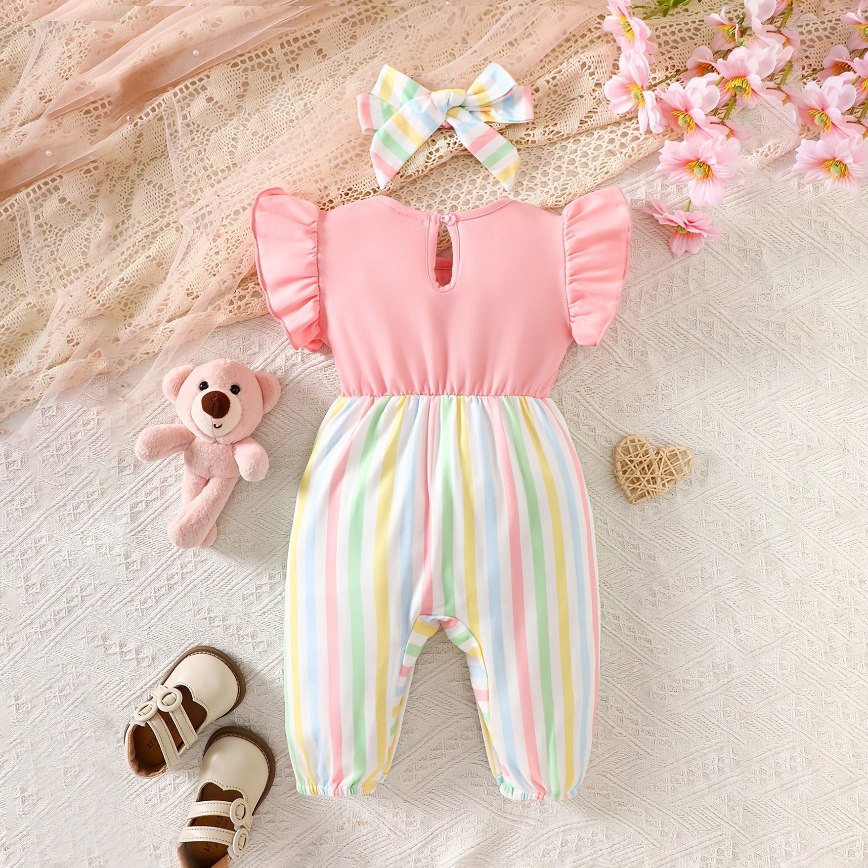 2PCS Sweet Bear Stripe Print Fly Sleeve Baby Jumpsuit