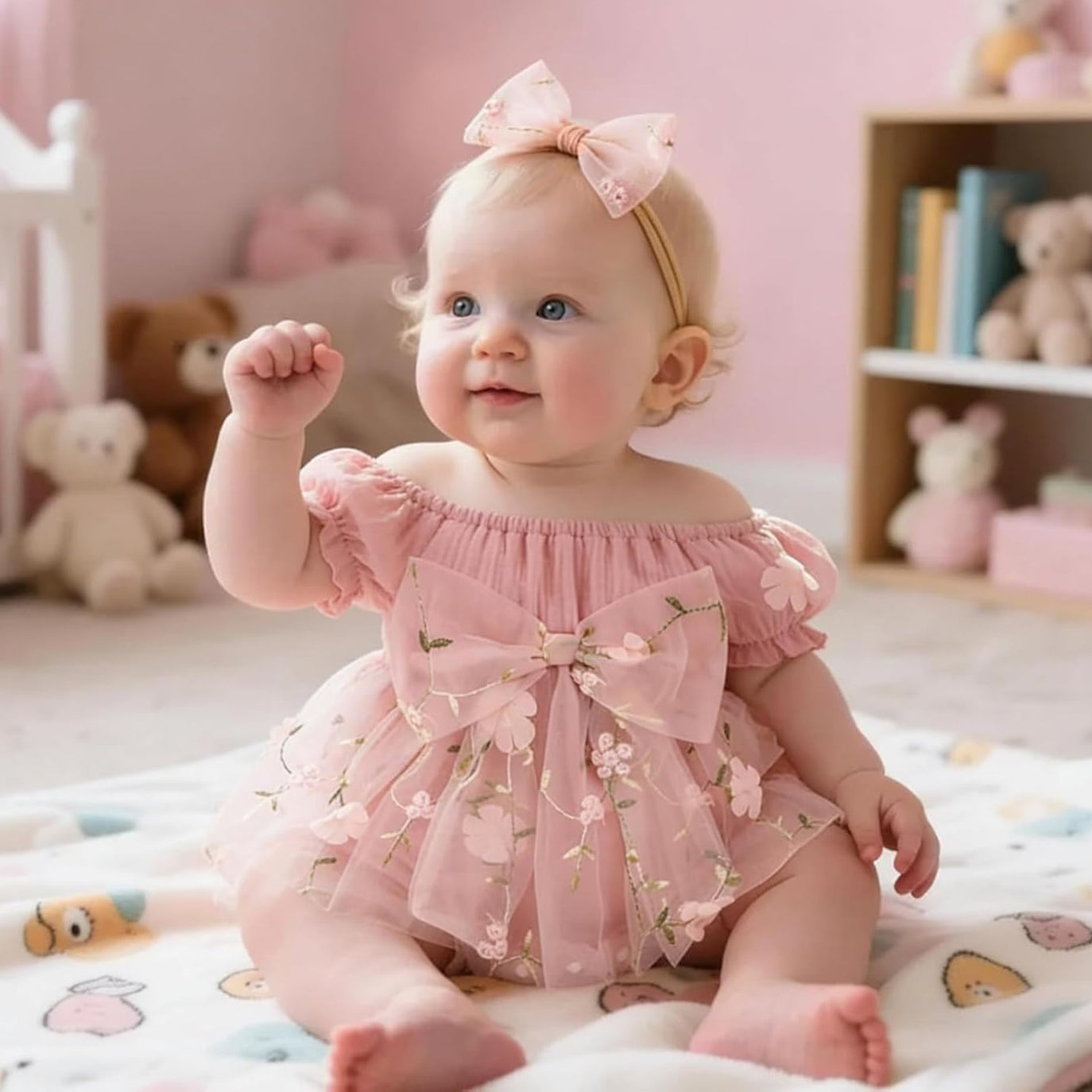 2PCS Gorgeous Floral Embroidery Puff Sleeve Baby Romper