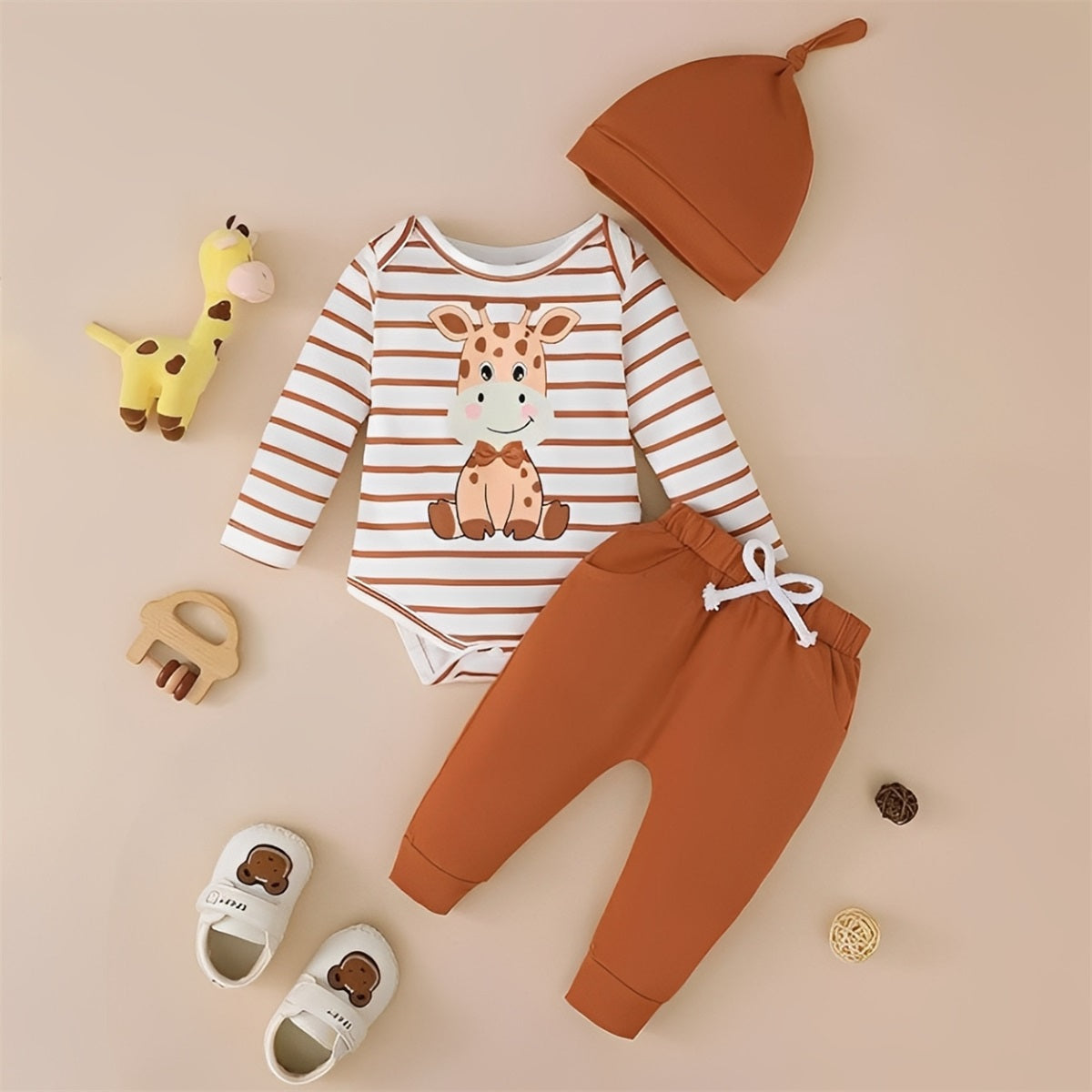 3PCS Giraffe Stripe Long Sleeve Printed Baby Set
