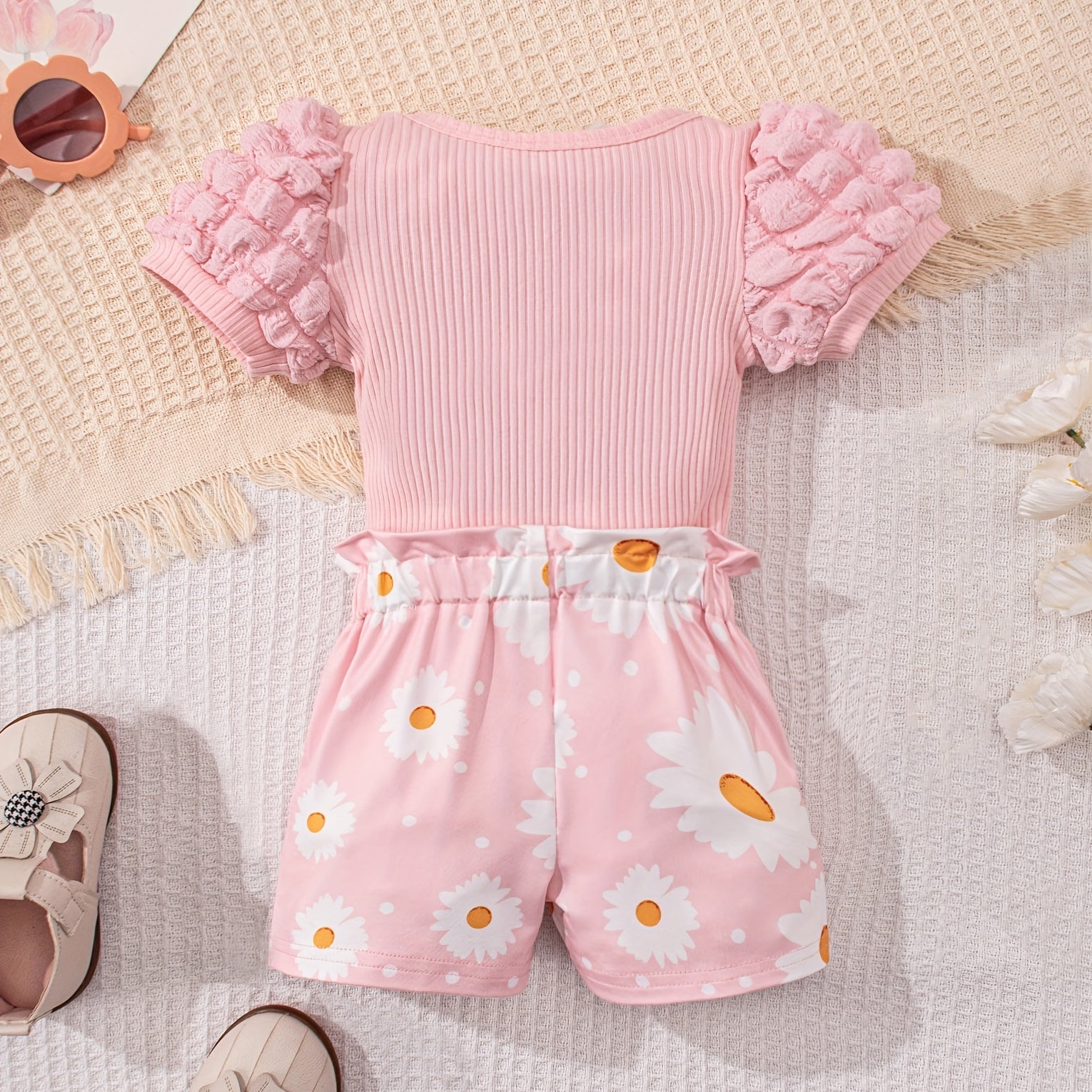 2PCS Daddy's Girl Letter Printed Ribbed Puff Sleeves Baby Set