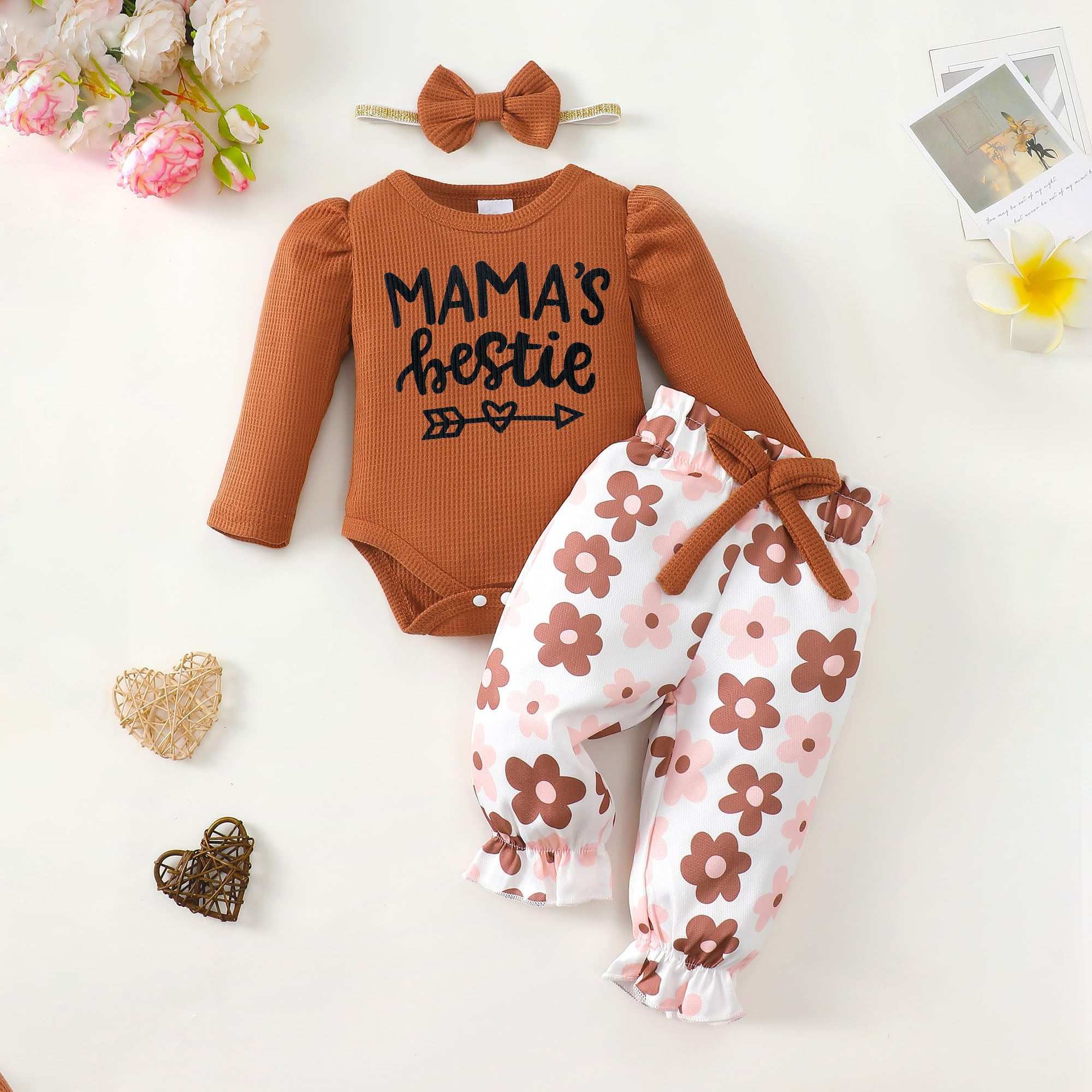 3PCS Mama's Bestie Letter Floral Printed Long Sleeve Baby Set