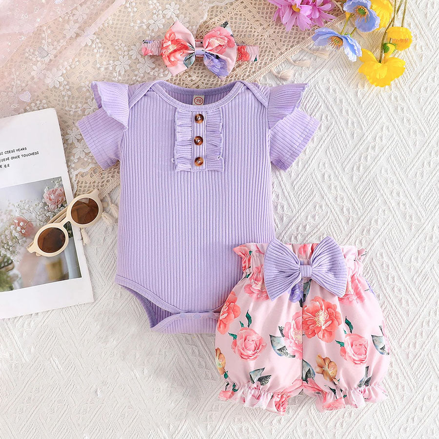 3PCS Pretty Floral Printed Bow Short Sleeves Baby Romper Set