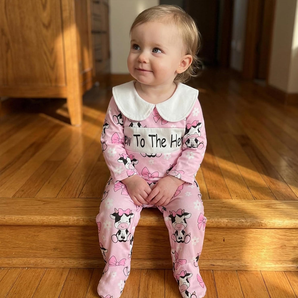 Lovely New To The Hero Letter Cow Printed Long Sleeve Baby Jumpsuit