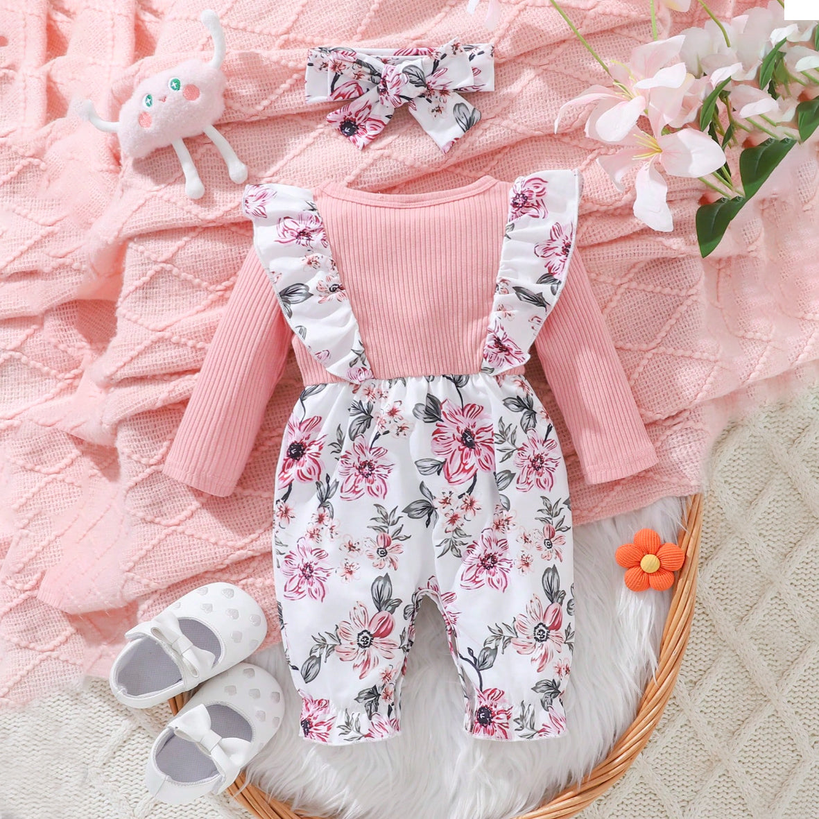 2PCS Delightful Floral Printed Ruffle Baby Jumpsuit