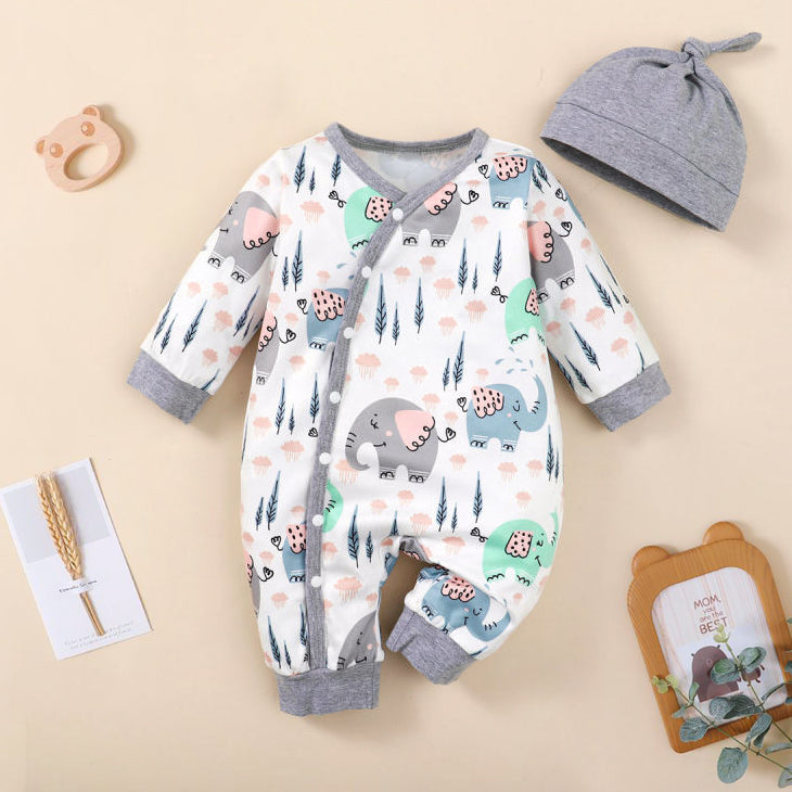 2PCS Cute Elephant Printed Long Sleeve Baby Jumpsuit