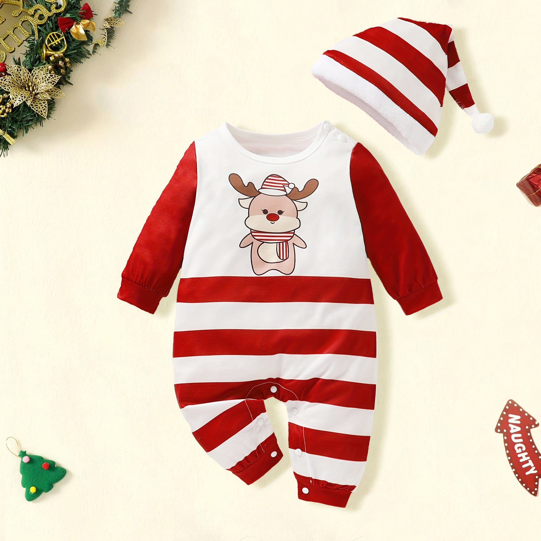 2PCS Lovely Christmas Elk Stripe Printed Long sleeve Baby Jumpsuit