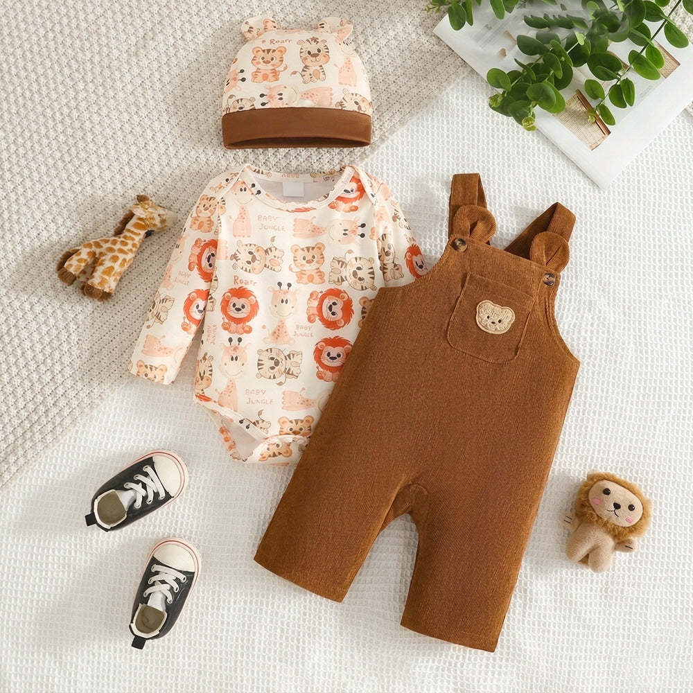 3PCS Cute Cartoon Animal Print Long Sleeve Baby Overalls Set