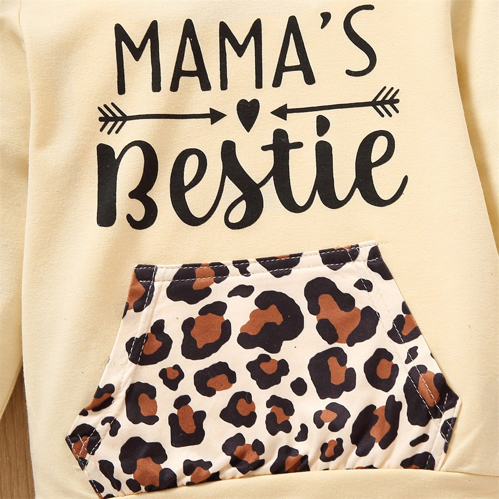 2PCS Mama's Bestie Letter Print Leopard Long Sleeve Hooded Baby Set