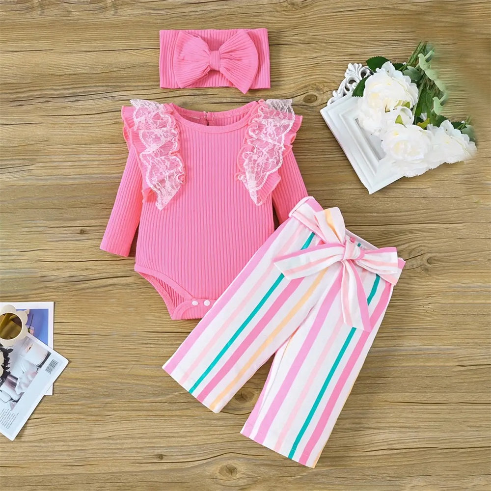 3PCS Stylish Stripe Print Lace Trim Long Sleeve Baby Set