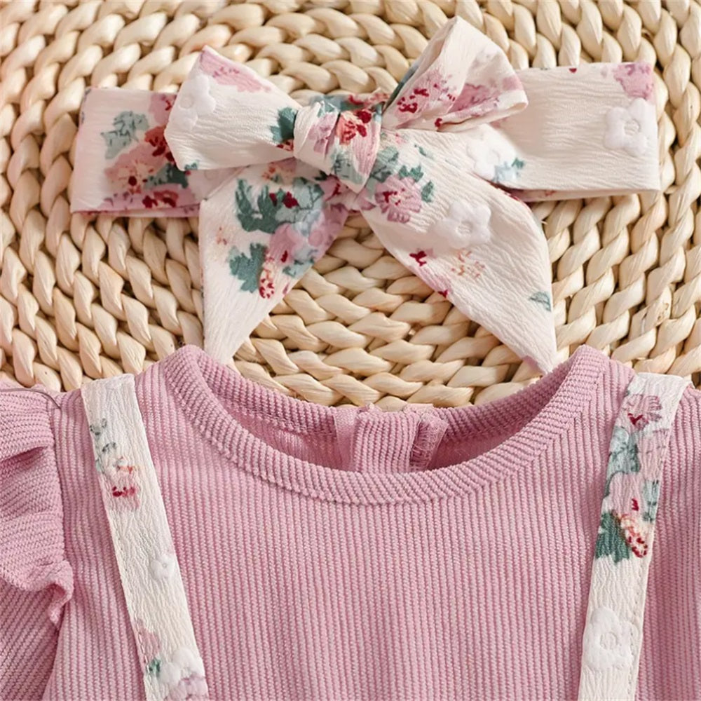 2PCS Floral Print Bow Decor Long Sleeve Baby Jumpsuit