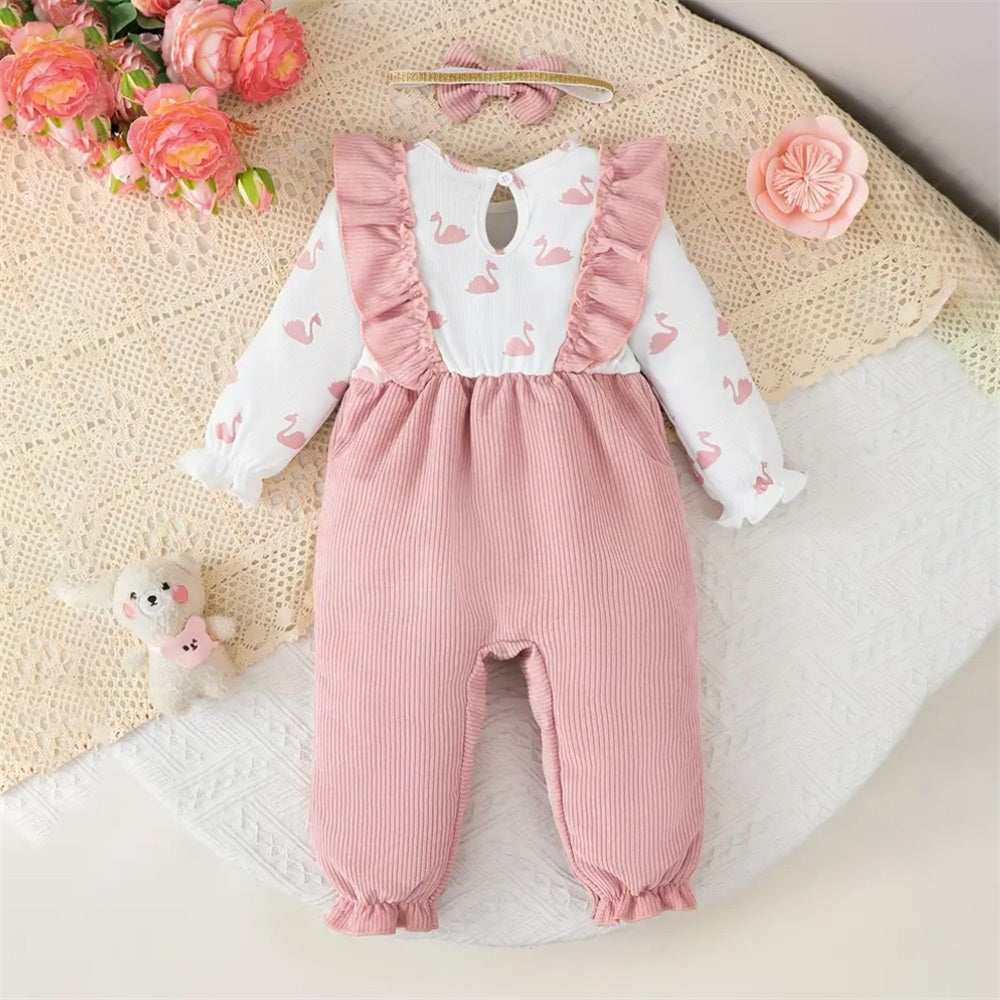 2PCS Cute Cartoon Swan Print Long Sleeve Baby Jumpsuit