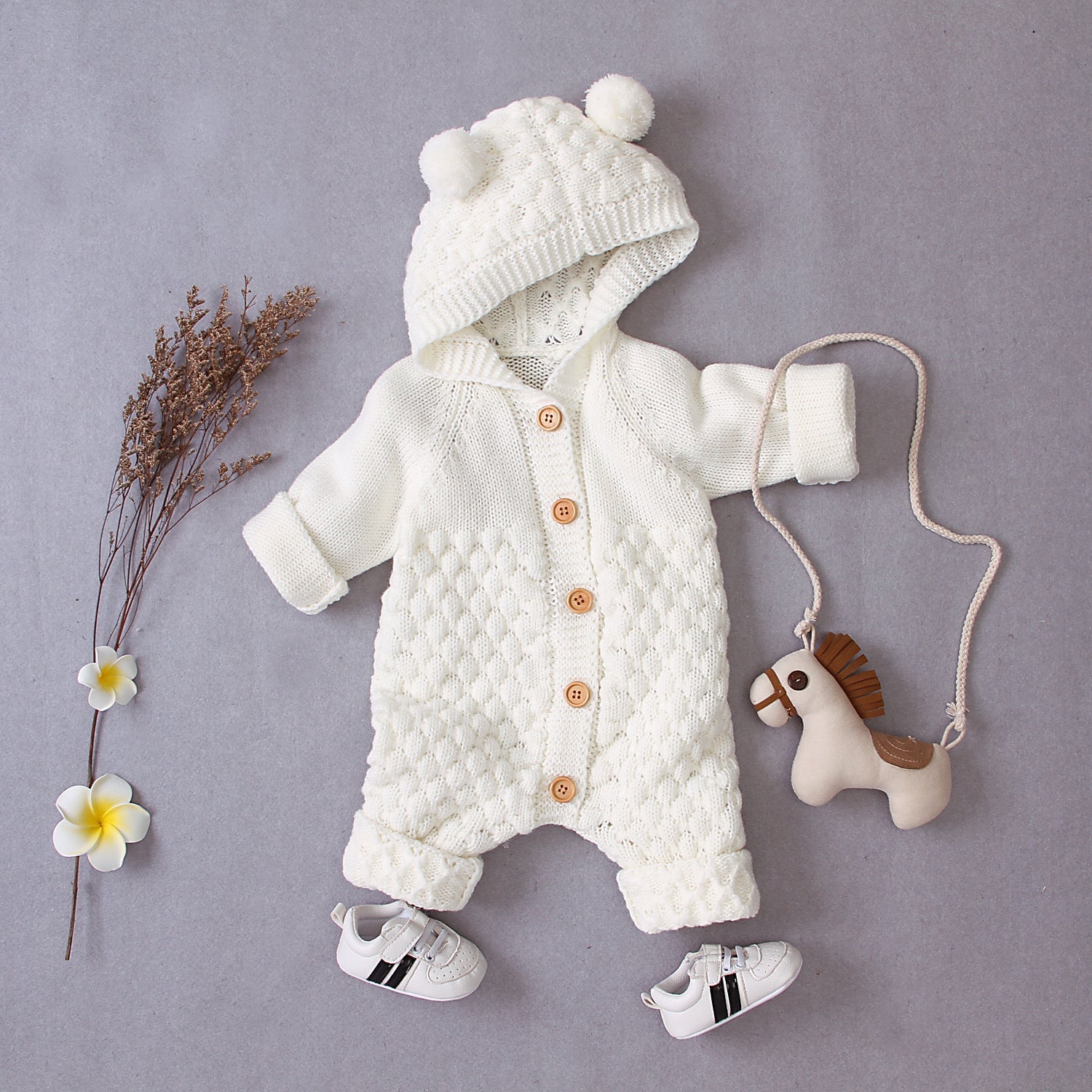 Bear Design Winter Hooded Knitting Jumpsuit