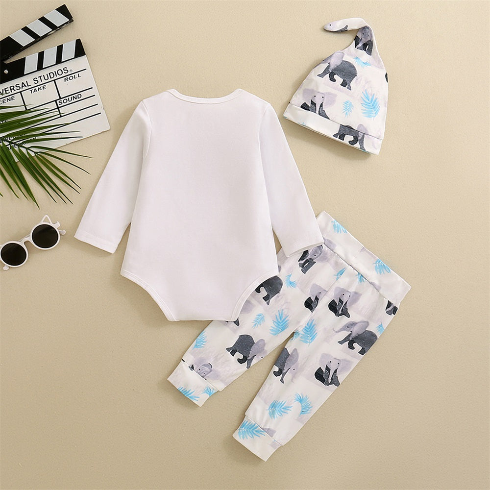 3PCS Little Peanut Letter Elephant Print Long Sleeve Baby Set