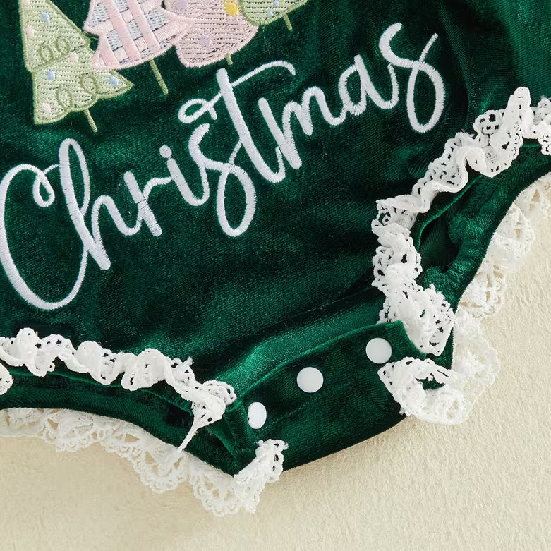 2PCS Chic My 1st Christmas Letter Tree Embroidered Baby Girl Velvet Romper