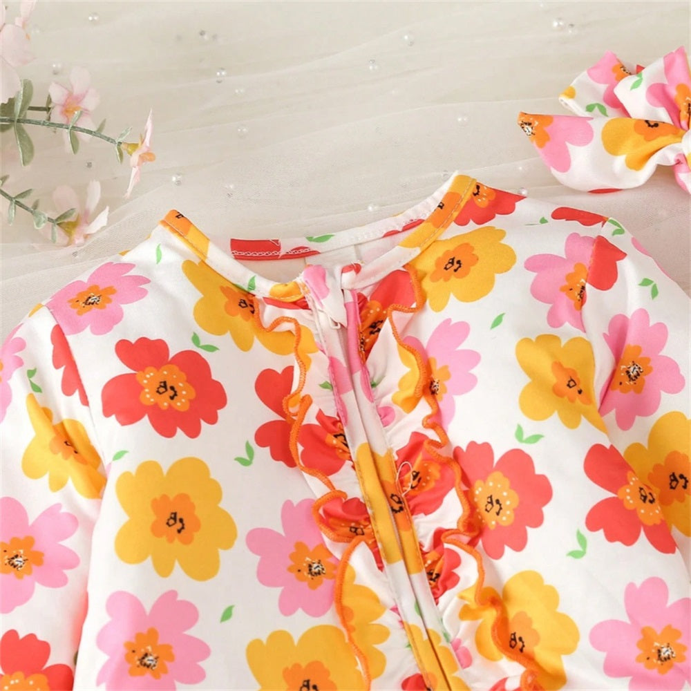 2PCS Allover Floral Print Long Sleeve Baby Jumpsuit