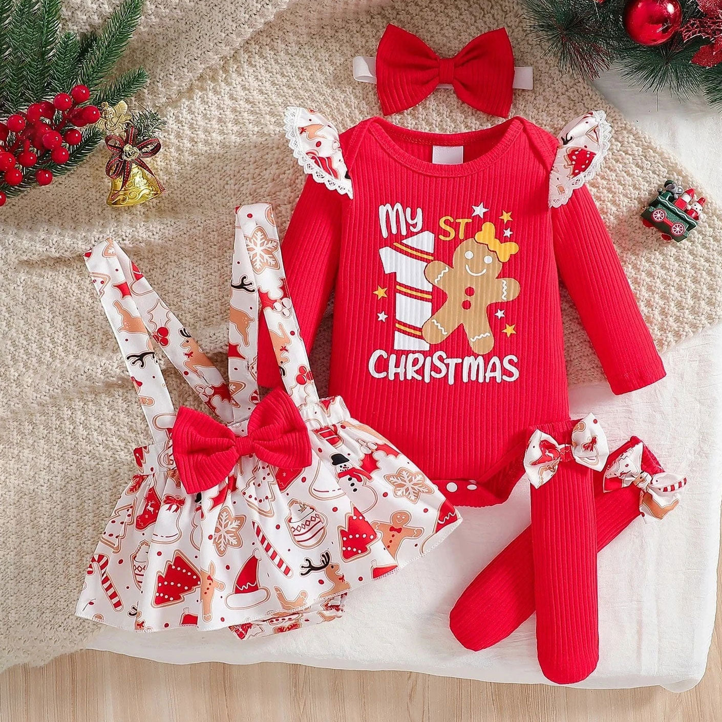 4PCS Classy My 1st Christmas Letter Gingerbread Print Baby Set