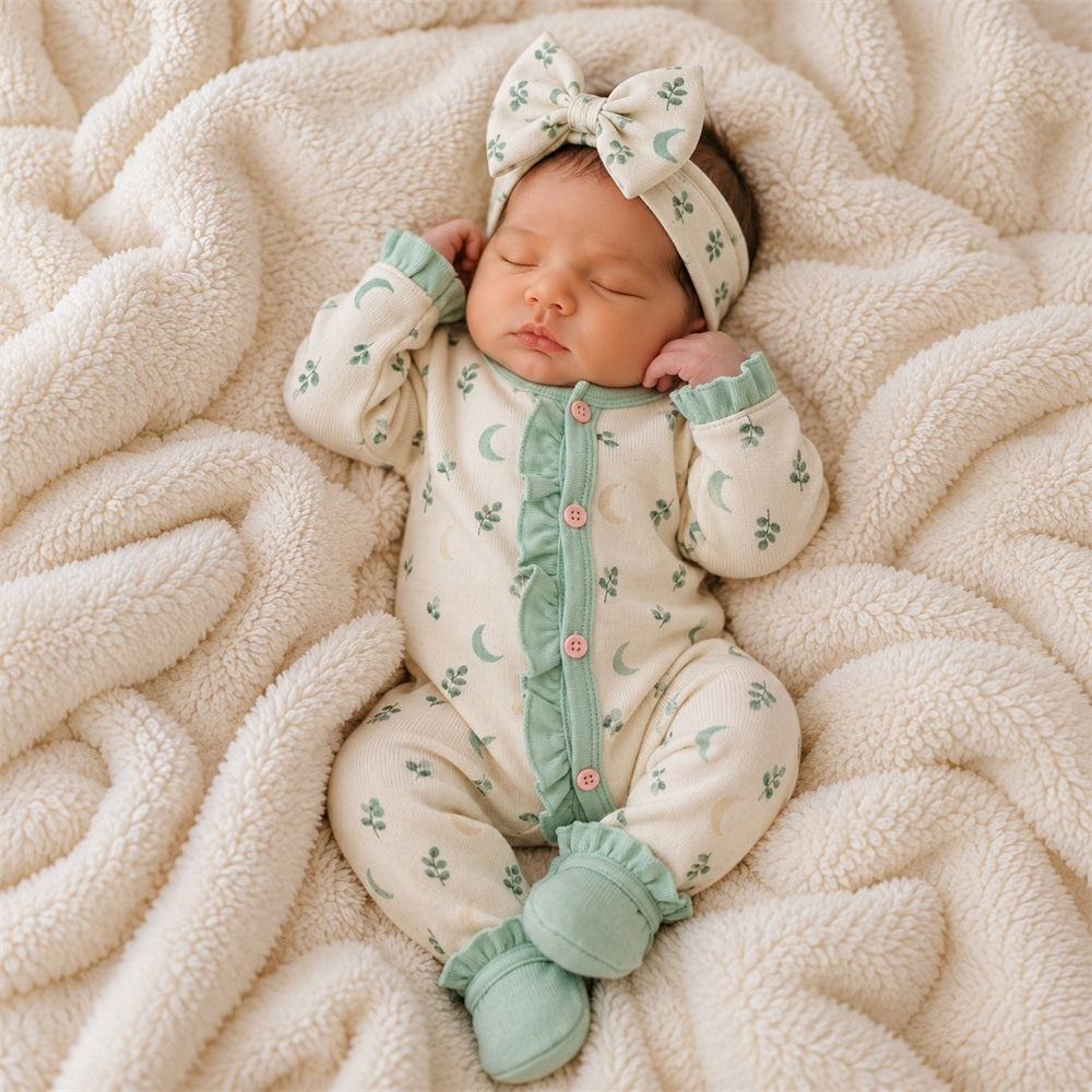 2PCS Grace Moon Leaf Printed Long Sleeve Baby Jumpsuit