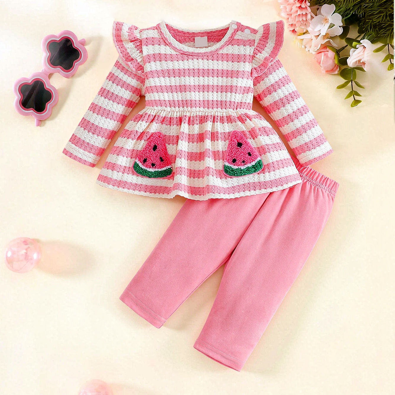 2PCS Watermelon Appliqué Stripe Print Long Sleeve Baby Set