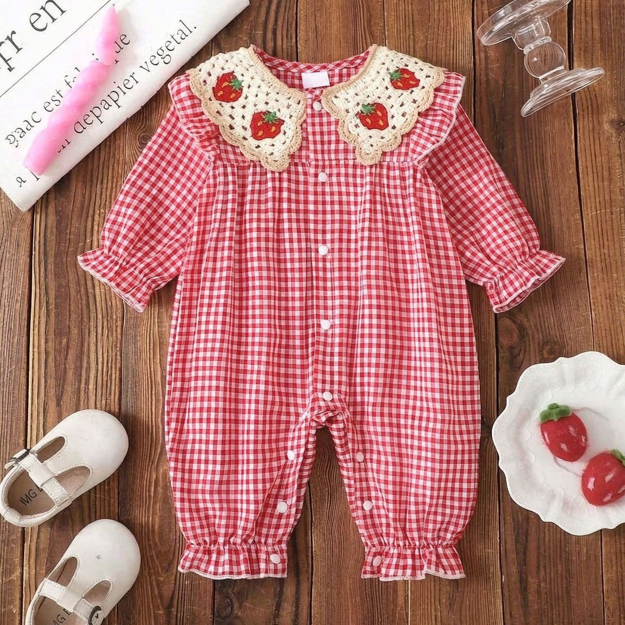 Bubbly Strawberry Plaid Printed Long Sleeve Baby Jumpsuit