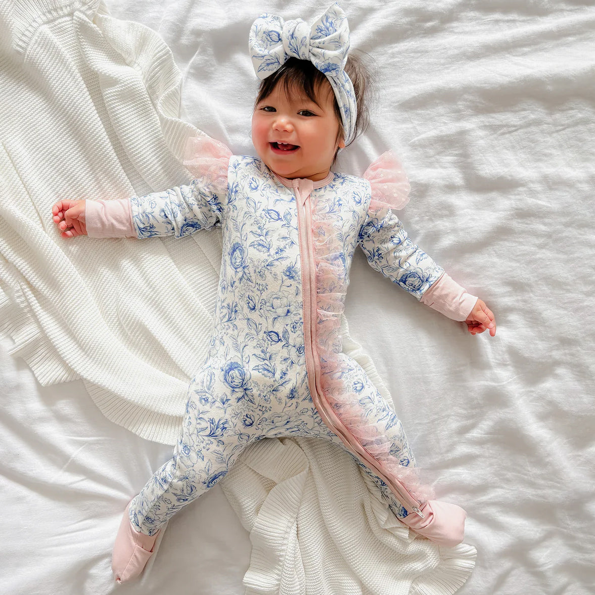 2PCS Pretty Floral Print Tulle Zipper Long Sleeve Baby Jumpsuit