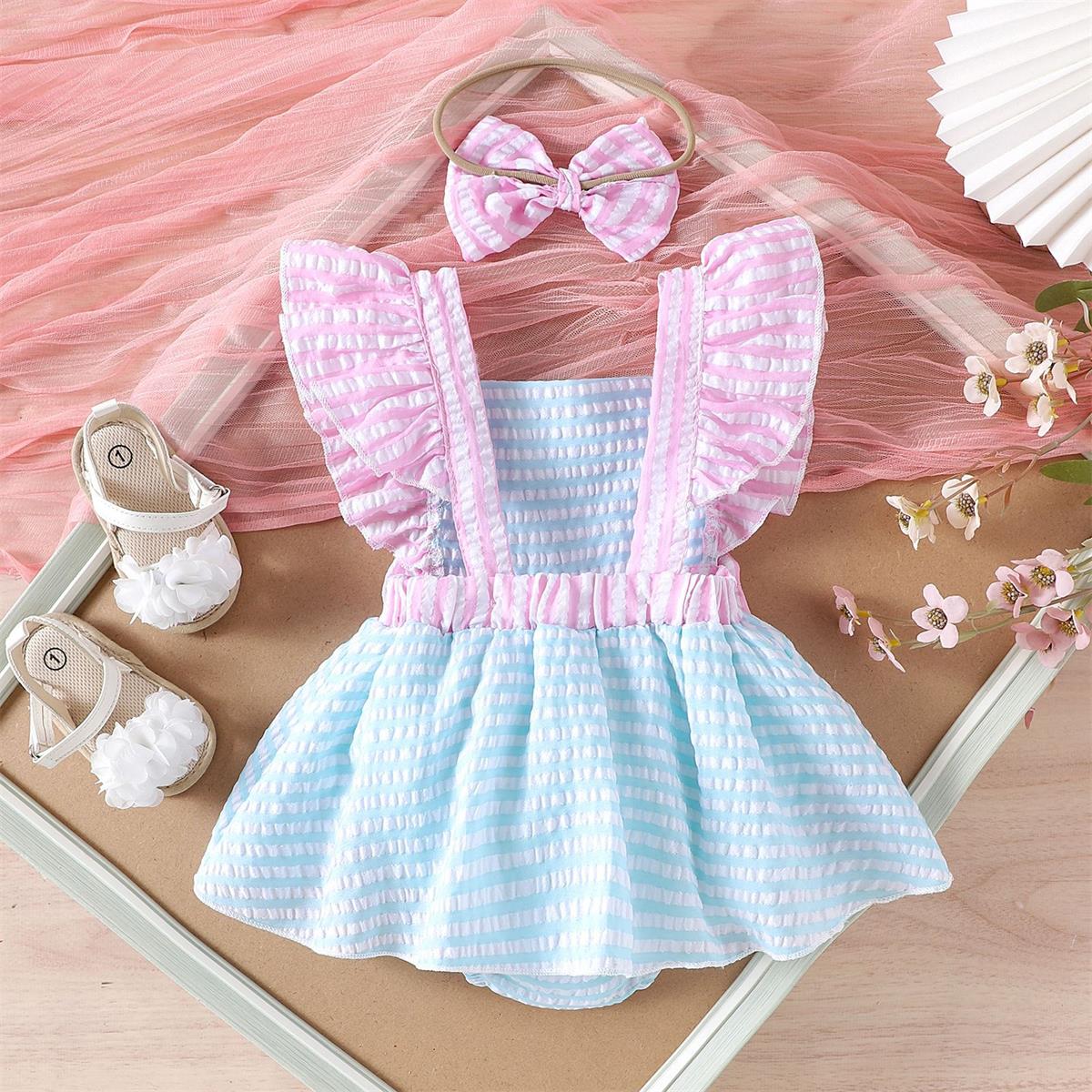 2PCS Comfortable Plaid Printed Sleeveless Baby Romper