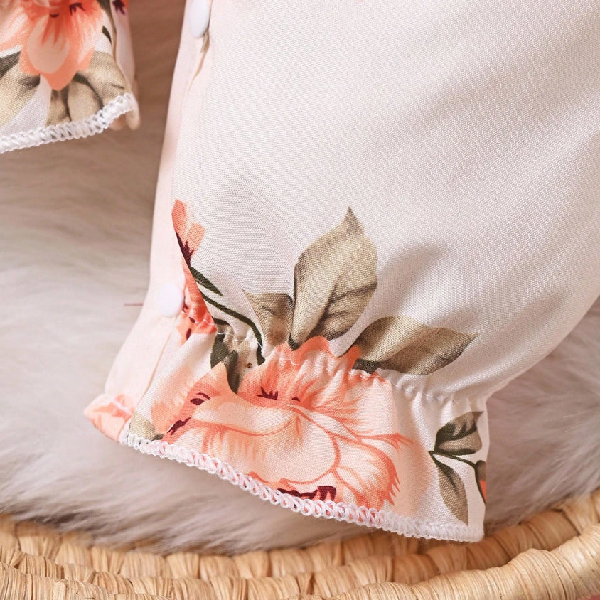 2PCS Lively Floral Printed Ruffle Baby Jumpsuit