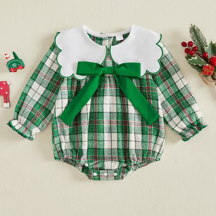 Lovely Plaid Printed Bow Long Sleeve Baby Christmas Romper