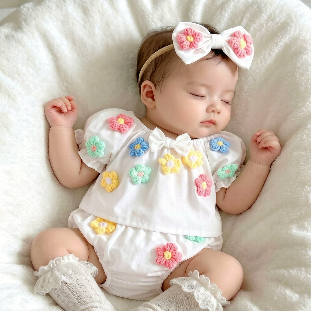 3PCS Lovely Floral Appliqué Short Sleeve Baby Set