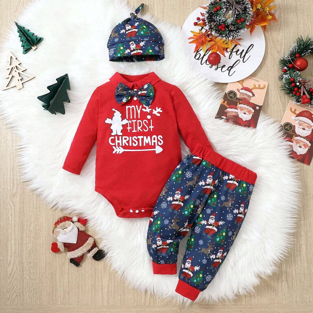 3PCS My First Christmas Letter Santa Reindeer Print Baby Boy Set