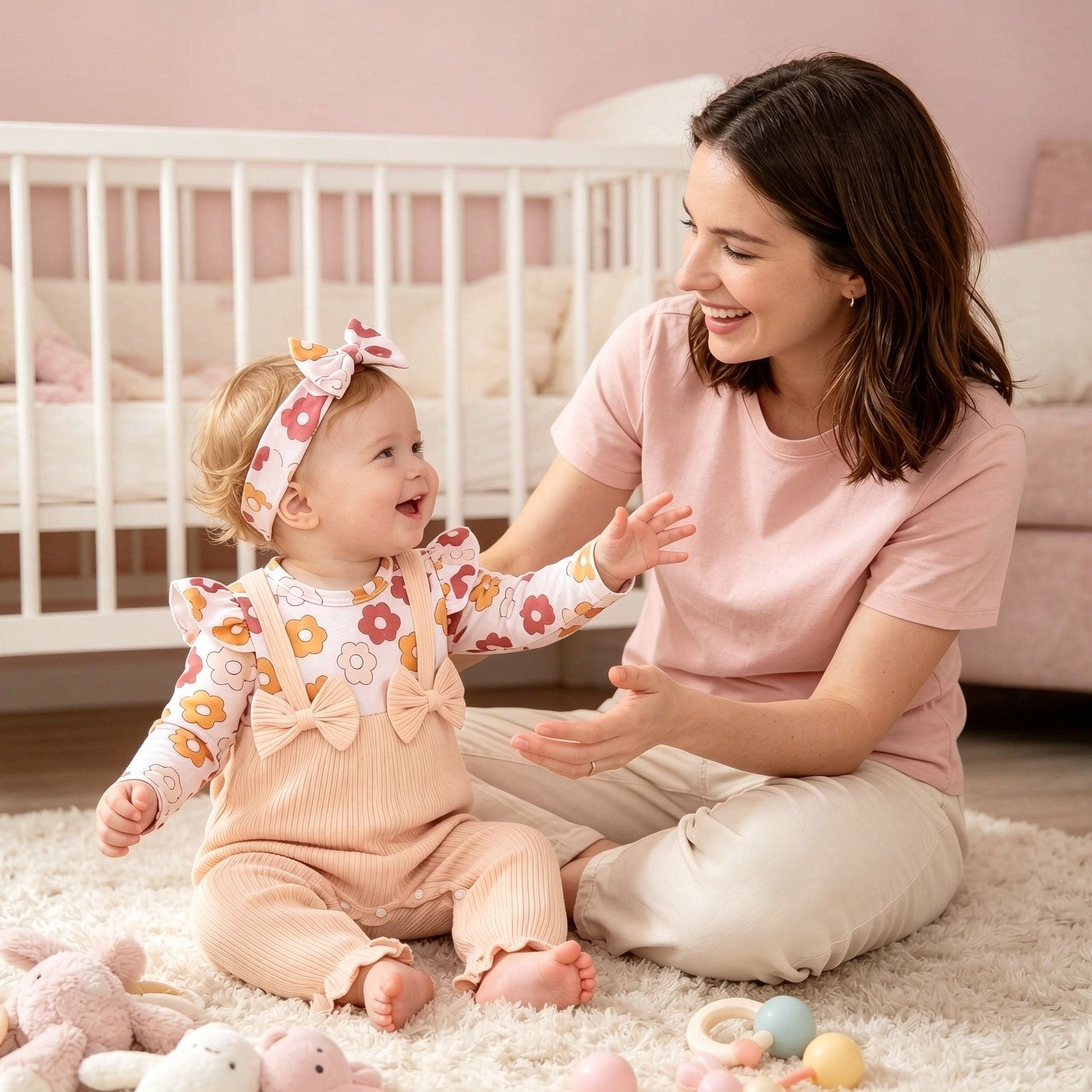 2PCS Graceful Floral Print Ruffle Long Sleeve Baby Jumpsuit