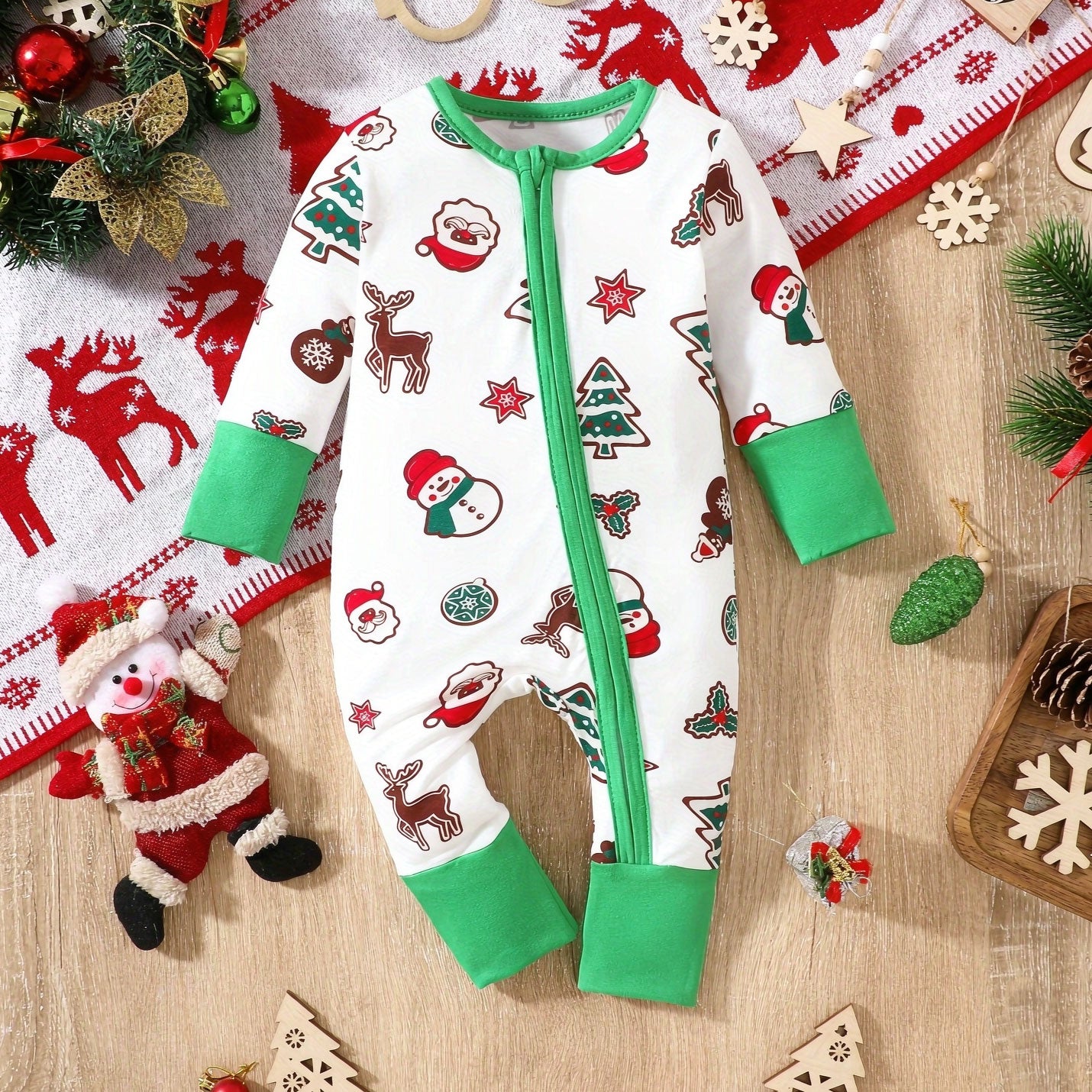 Christmas All-Over Holiday Print Long Sleeve Zipper Baby Jumpsuit