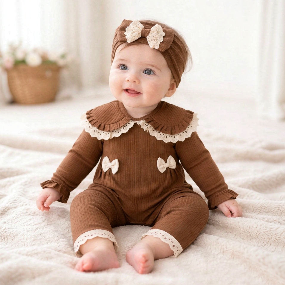 2PCS Lovely Solid Color Lace Bowknot Decor Baby Jumpsuit