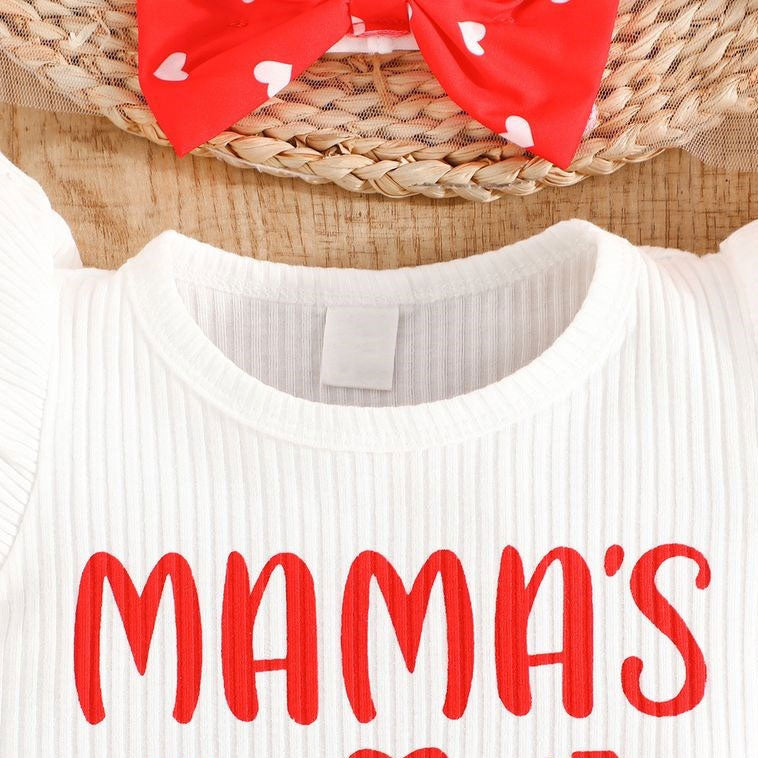 3PCS Mama's Girl Letter Heart Printed Flutter Sleeve Baby Set