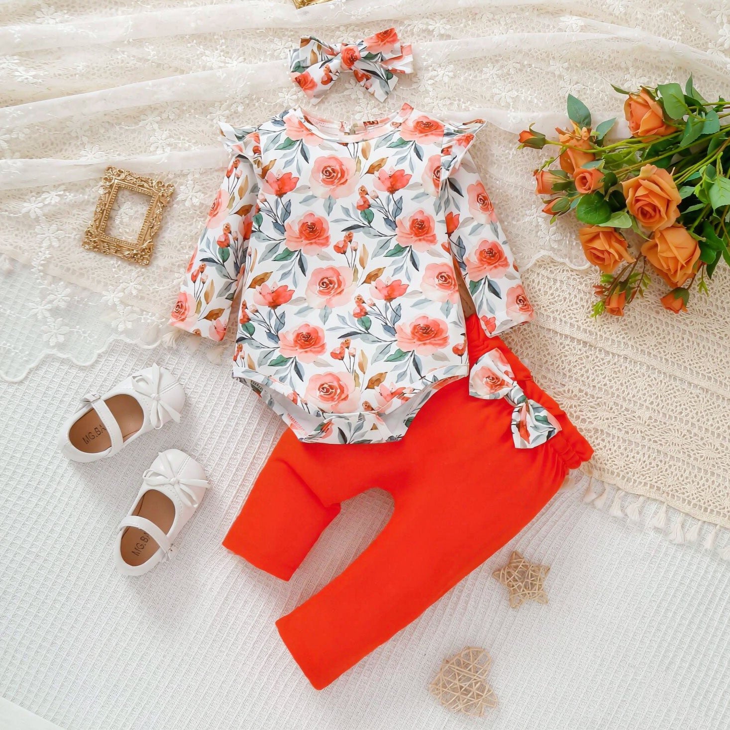 3PCS Vibrant Floral Printed Bowknot Decor Long Sleeve Baby Set