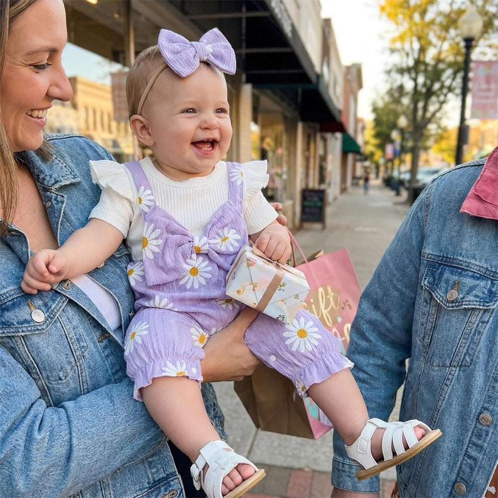 2PCS Casual Daisy Printed Bow Short Sleeve Baby Jumpsuit