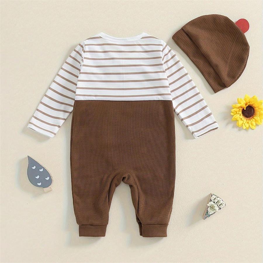 2PCS Cute Turkey Print Striped Long Sleeve Baby Jumpsuit