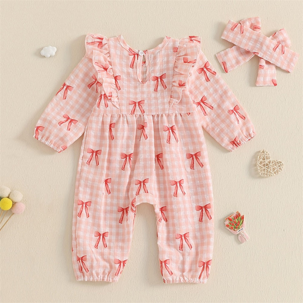 2PCS Sweet Bow Print Plaid Long Sleeve Baby Jumpsuit